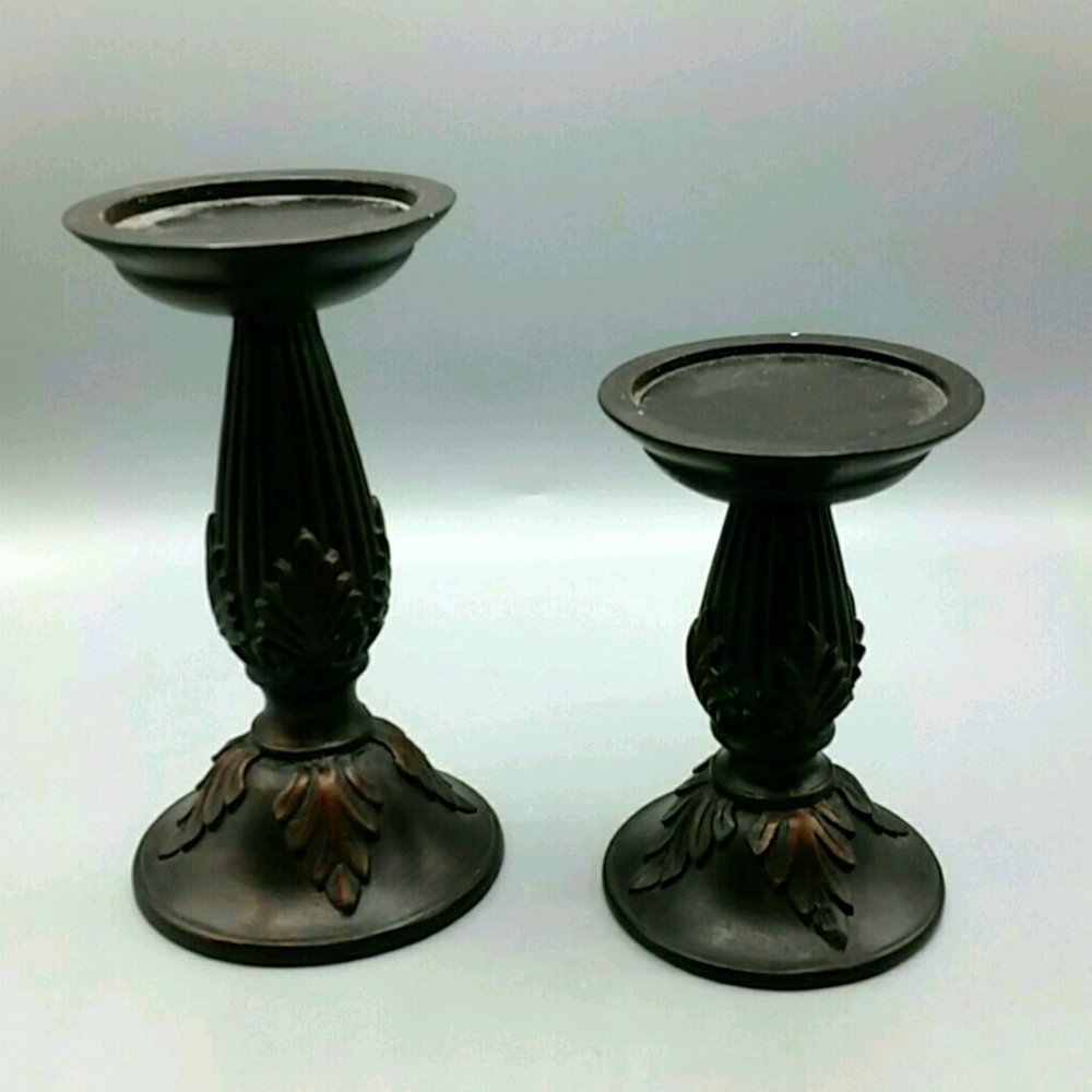 Pair of Carved Wooden Pillar Candlestick Holders
